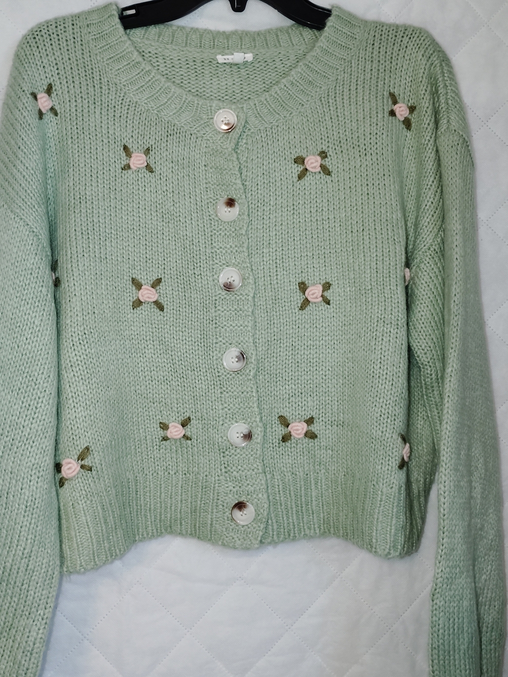 En Creme Mint Green Knit Cardigan with Pink Rose Embroidery
